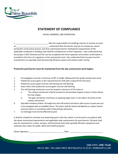First page of the Statement of Compliance (Pools, Barriers, and Operation)