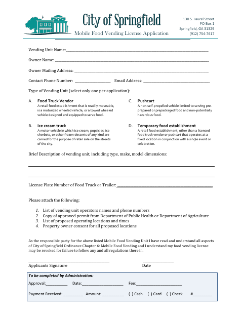 First page of the Mobile Food Vending License Application