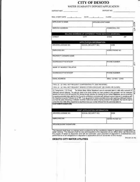 First page of the Water Guaranty Deposit/Application