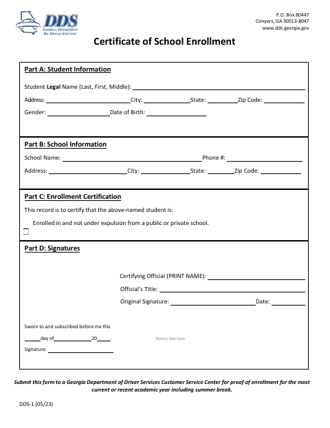 First page of the Certificate of School Enrollment