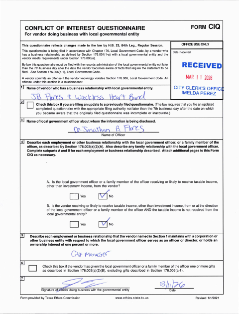 First page of the Conflict of Interest Questionnaire for Jonathan B. Flores