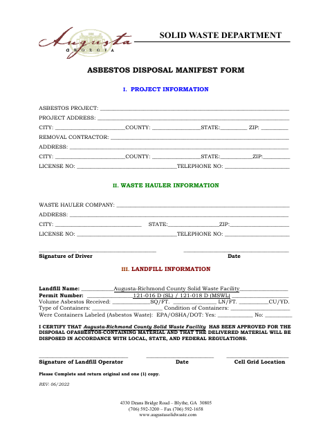 First page of the Asbestos Disposal Manifest Form