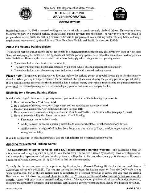 First page of the Metered Parking Waiver Application