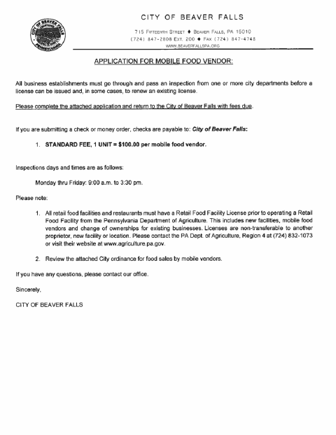 First page of the Mobile Food Vendor Application