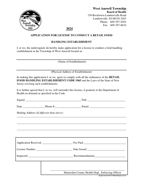 First page of the Application for License to Conduct a Retail Food Handling Establishment