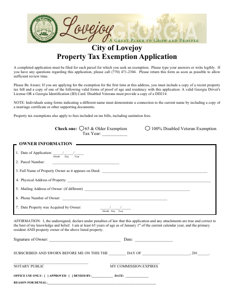 First page of the Property Tax Exemption Application