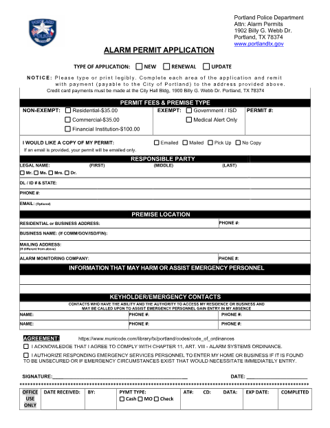 First page of the Alarm Permit Application