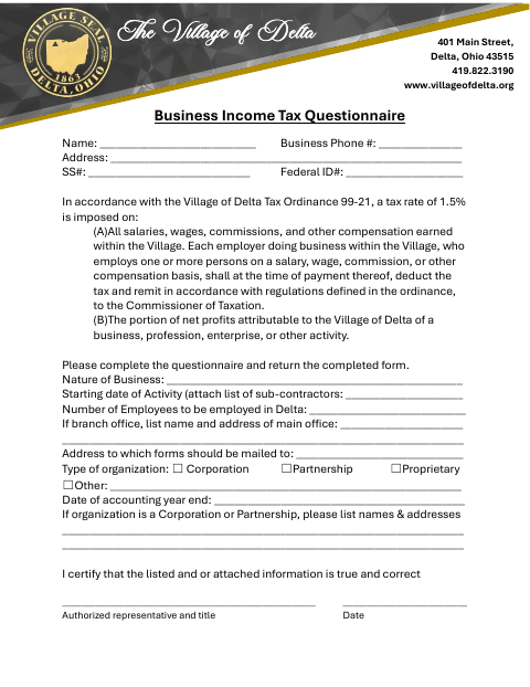 First page of the Business Income Tax Questionnaire