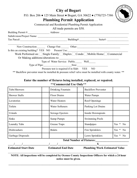 First page of the Plumbing Permit Application