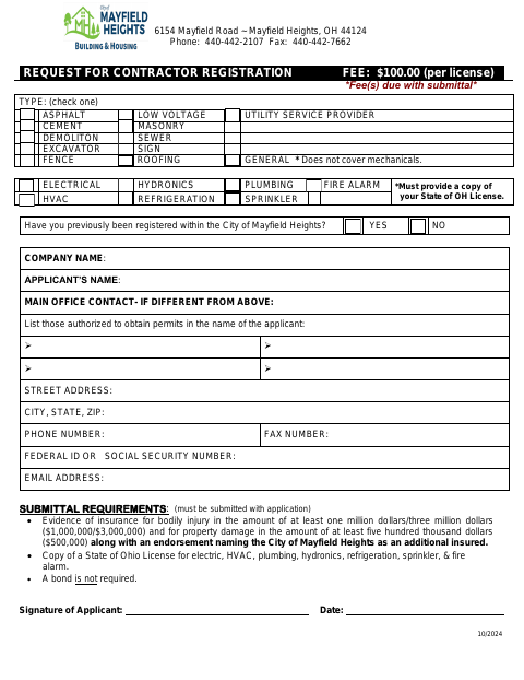First page of the Request for Contractor Registration