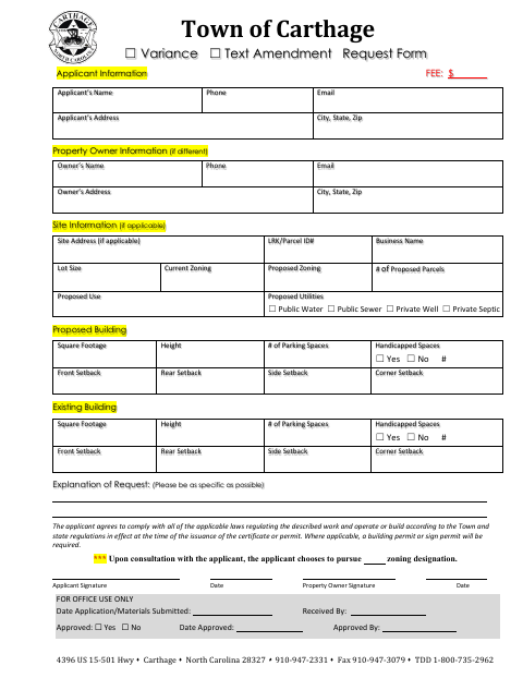 First page of the Variance Or UDO Text Amendment Request Form