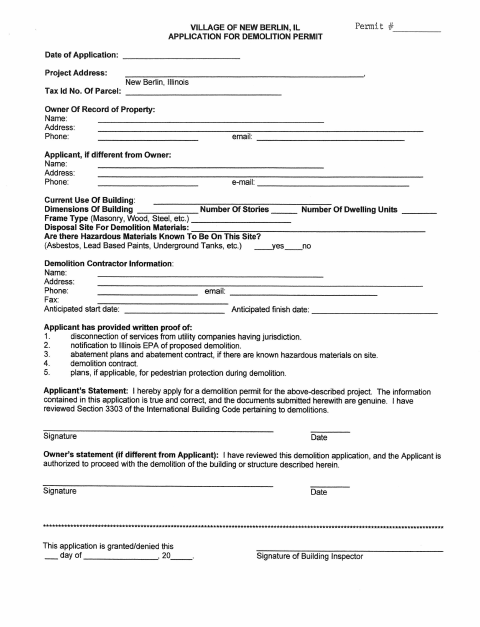 First page of the Demolition Permit Application
