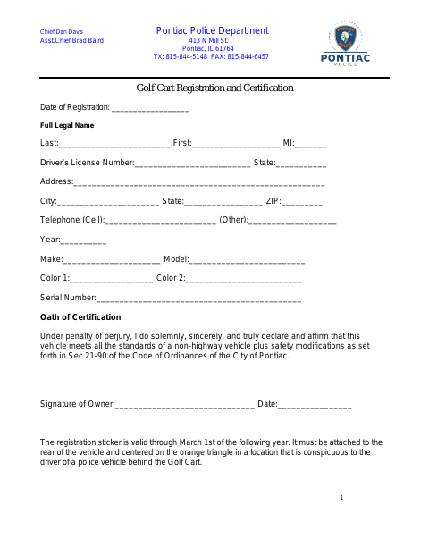 First page of the Golf Cart Registration and Certification