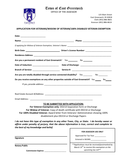First page of the Veterans, Widow of Veteran, and 100% Disabled Veteran Exemption Application