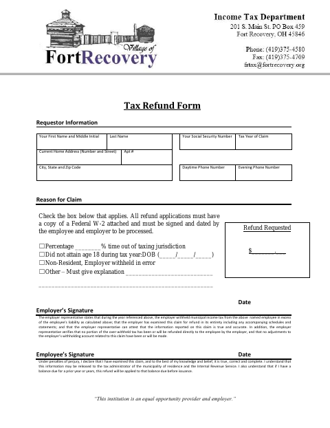 First page of the Tax Refund Form