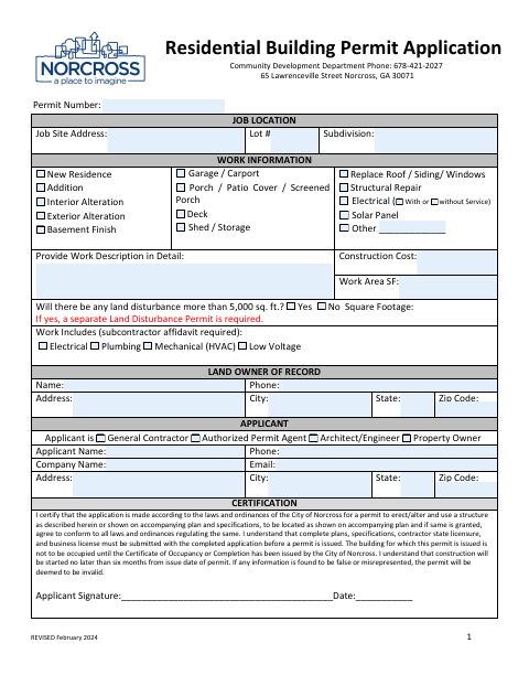 First page of the Residential Building Permit Application