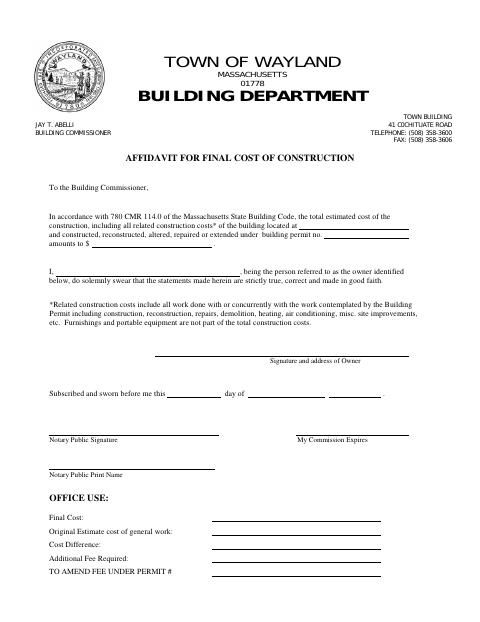 First page of the Affidavit for Final Cost of Construction