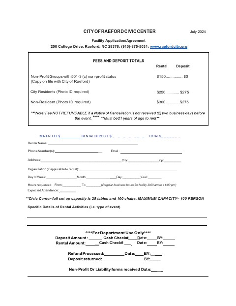 First page of the Civic Center Facility Application/Agreement