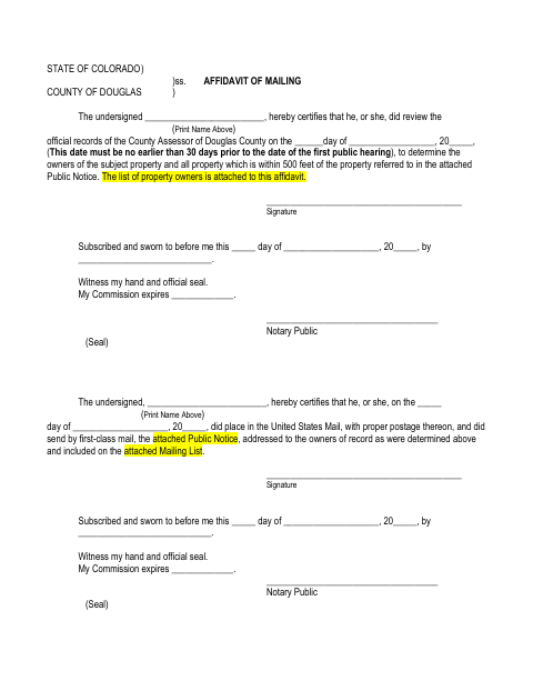 First page of the Affidavit of Mailing