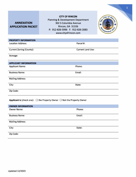 First page of the Annexation Application Packet