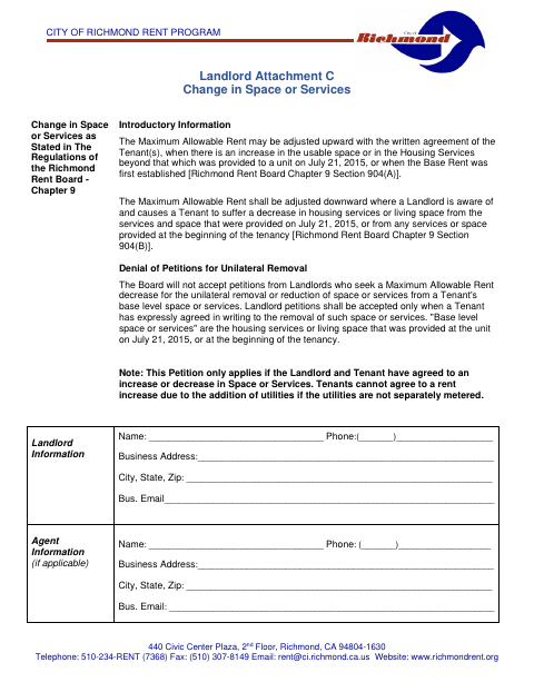 First page of the Landlord Attachment C: Change in Space or Services