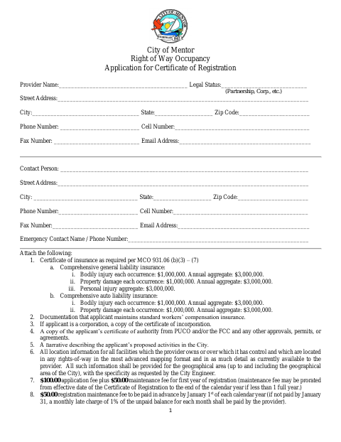 First page of the Right of Way Occupancy Application for Certificate of Registration