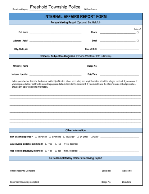 First page of the Internal Affairs Report Form