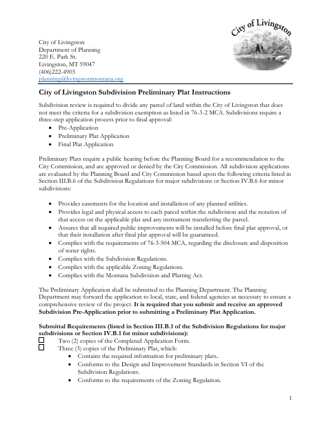 First page of the Subdivision Preliminary Plat Application
