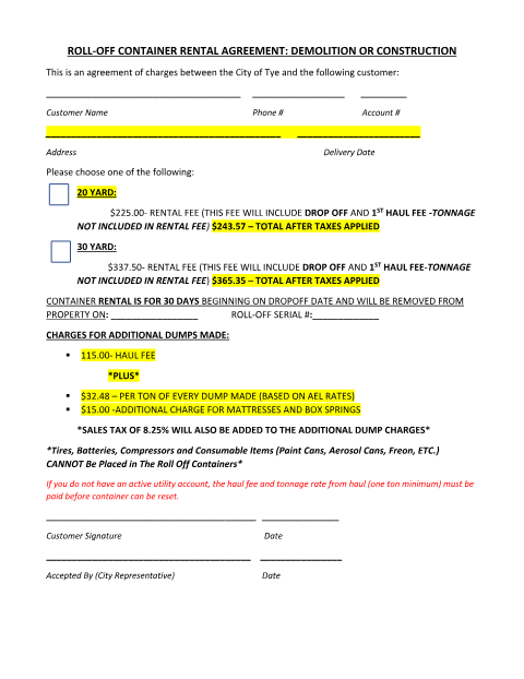 First page of the Roll-Off Container Rental Agreement