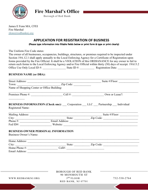 First page of the Application for Registration of Business