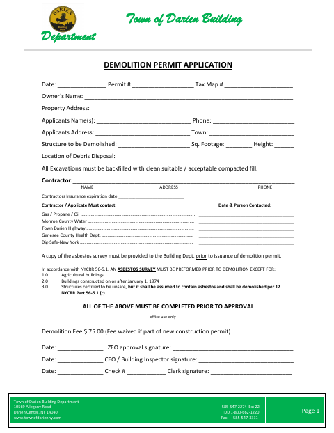First page of the Demolition Permit Application