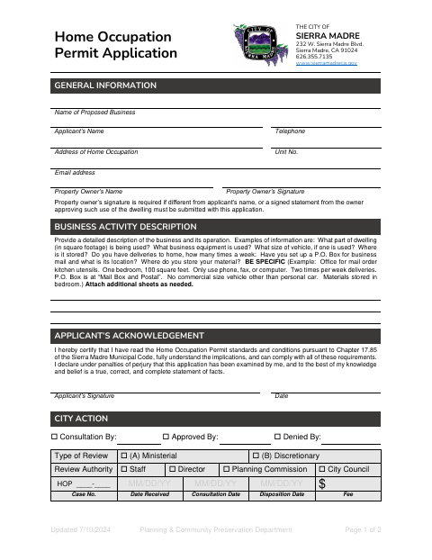 First page of the Home Occupation Permit Application