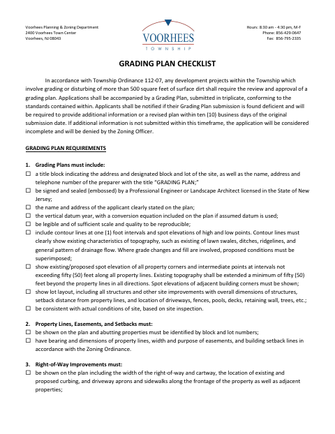 First page of the Grading Plan Checklist, Escrow Certification & W-9