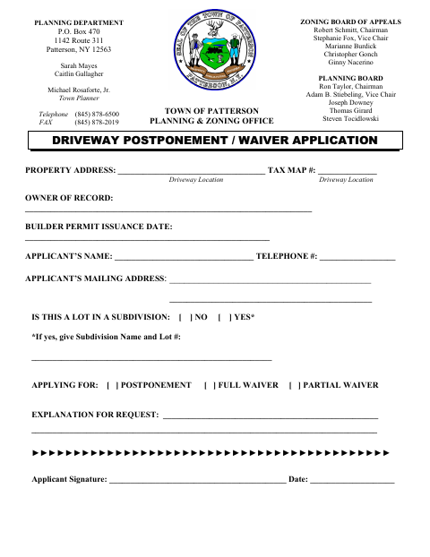 First page of the Driveway Postponement / Waiver Application