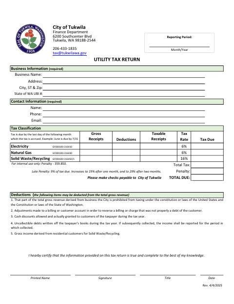First page of the Utility Tax Return