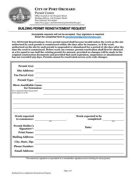 First page of the Building Permit or Application Reinstatement Request