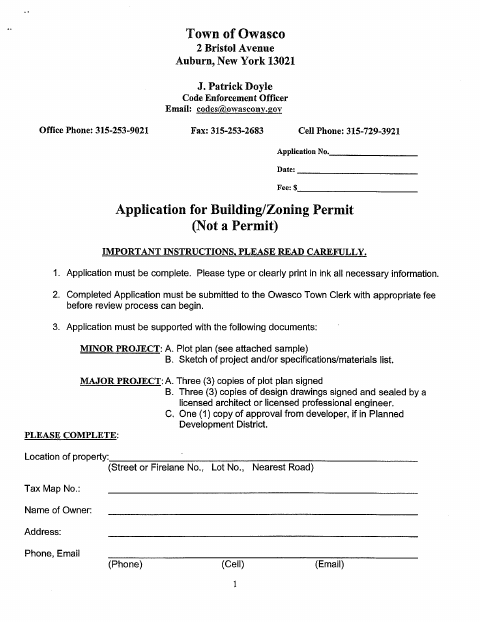 First page of the Building/Zoning Permit Application