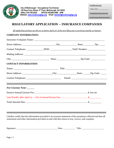 First page of the Insurance Company Regulatory Application