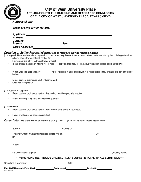 First page of the Building and Standards Commission Application