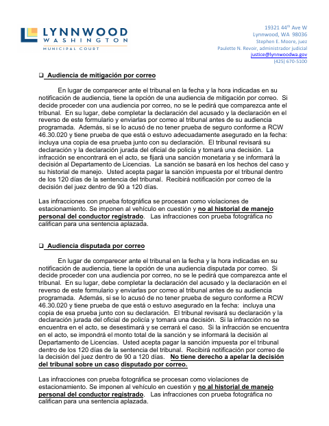 First page of the Mitigation or Contested Hearing by Mail