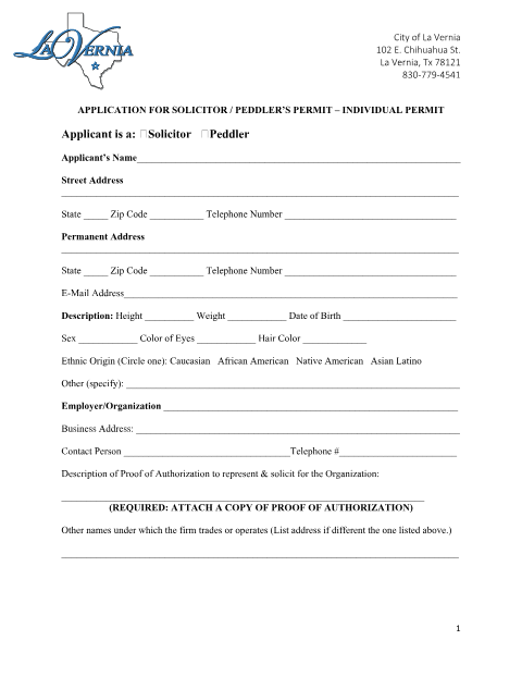 First page of the Solicitor's/Peddler's Permit Application
