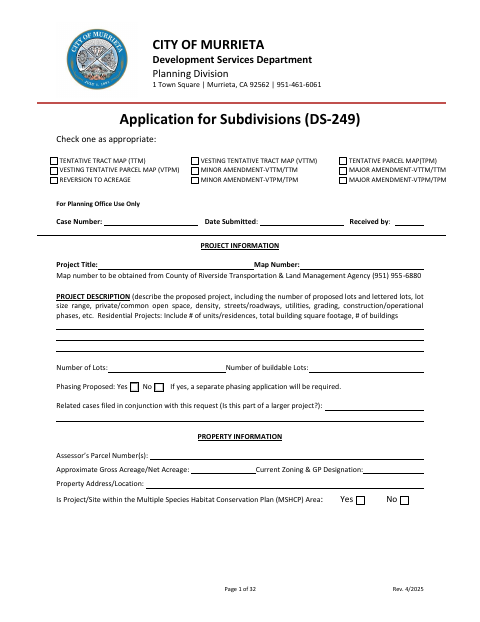 First page of the Application for Subdivisions