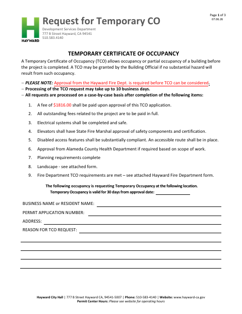First page of the Request for Temporary Certificate of Occupancy