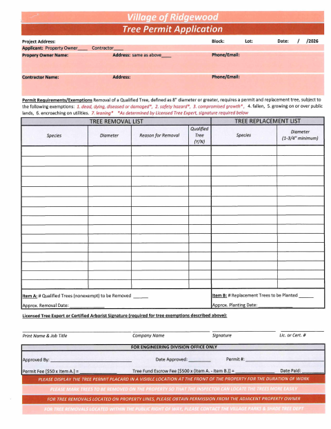 First page of the Tree Permit Application and Ordinance