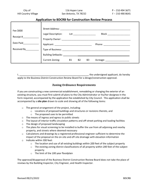 First page of the Application to BDCRB for Construction Review Process