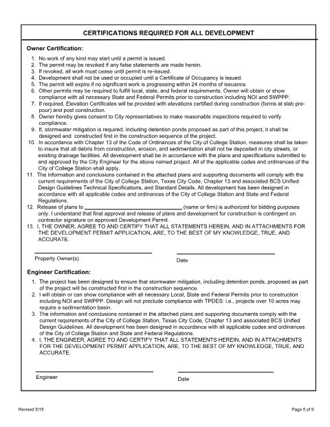 First page of the Development Certification