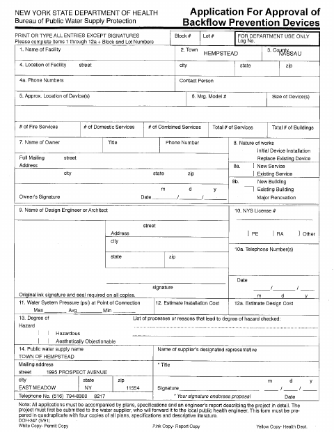 First page of the Application for Approval of Backflow Prevention Devices