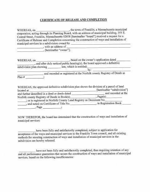 First page of the Certificate of Release and Completion