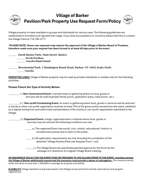 First page of the Pavilion/Park Property Use Request Form