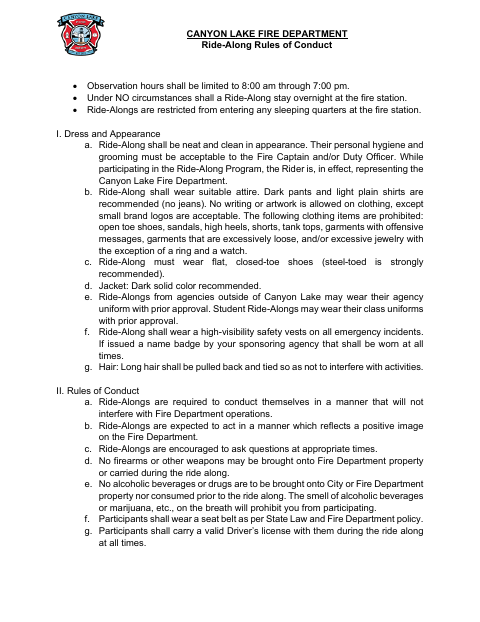 First page of the Ride-Along Program Application and Waiver